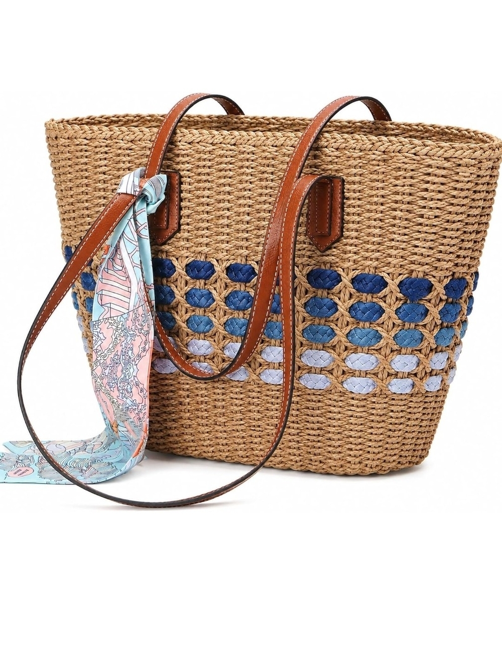 Woven Straw Tote with Blue Accent and Scarf